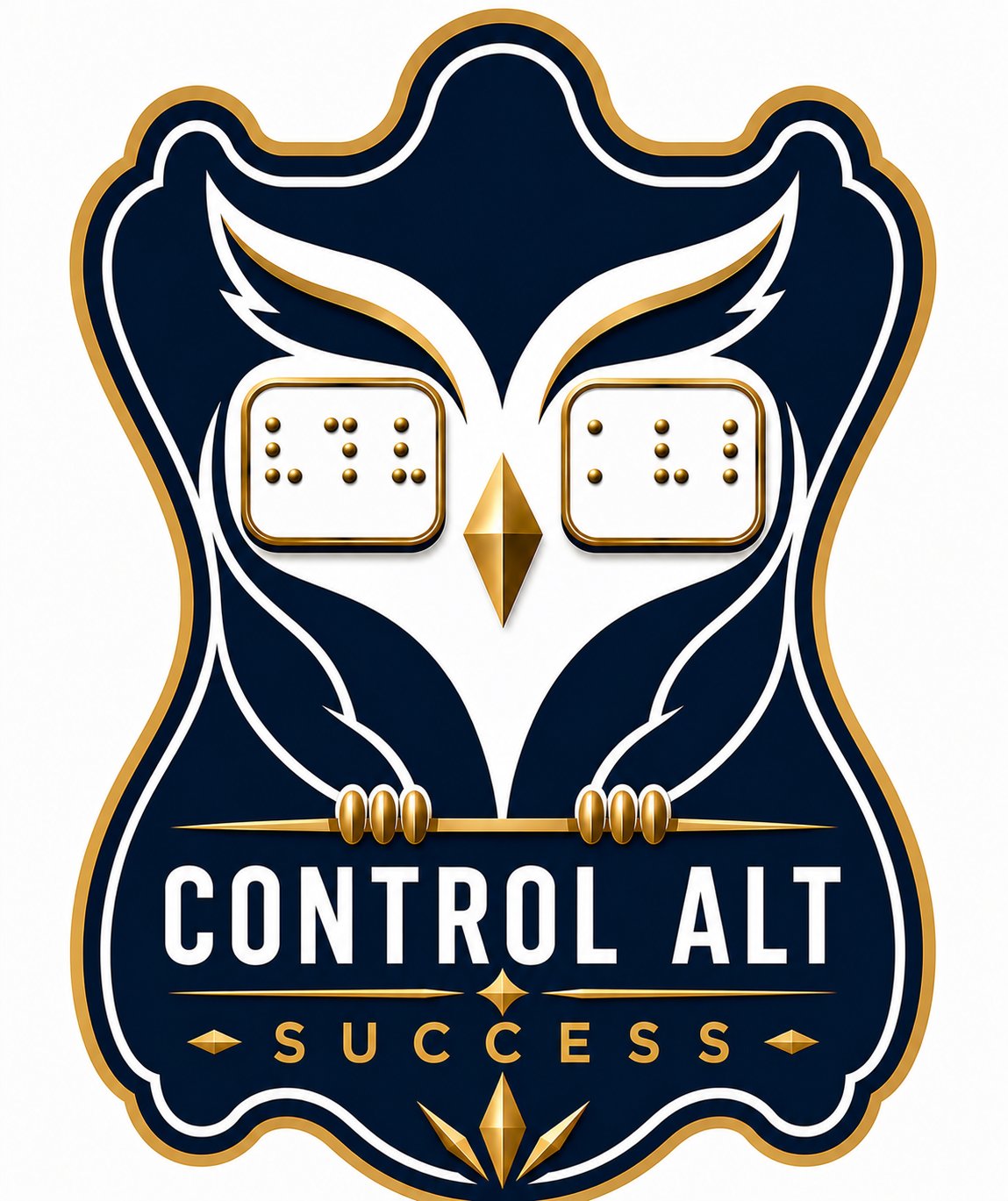 Control Alt Success logo: a navy shield badge featuring an owl whose eyes are braille panels. The left panel spells Ctrl and the right panel spells Alt in braille, referencing the keyboard shortcut at the heart of the brand name. Gold borders frame the shield. The words Control Alt Success appear at the base of the badge.